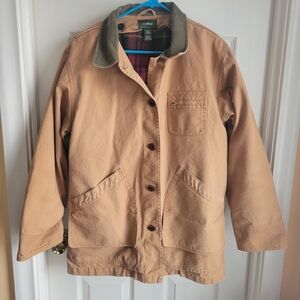 L.L.Bean Tan Canvas Barn Jacket with Green Collar